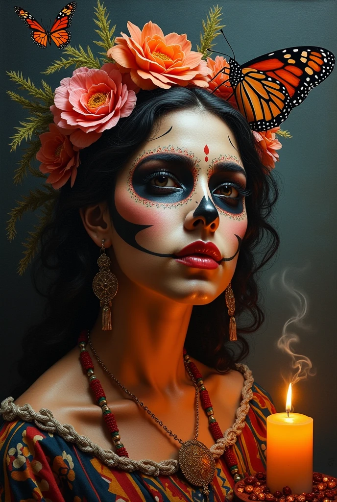 An oil painting with an allusion to the Day of the Dead of a Purepecha woman showing only the upper middle part, with elements alluding to such festivity such as candles, incense or candle, In addition to a symbol such as the monarch butterfly