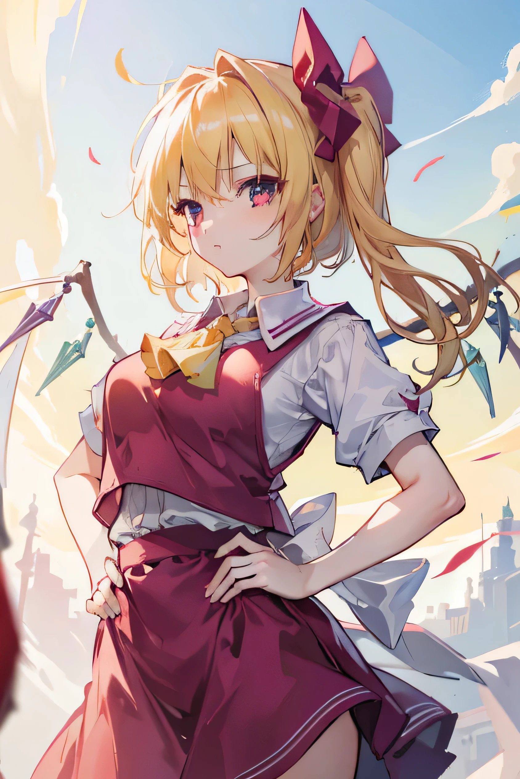 (masterpiece),Highest quality, Expressive eyes, Perfect Face, 1girl,
Large Breasts, H Cup, Nice breasts, beautiful, nice,anime,girl,roller, Floating clothes, Tent Chest ,
Hands on hips, Hands on hips, Visible through clothing,Flanders Scarlet,
1girl,Blonde,Mob Cap,Hair Ribbon,bow tie,Side Ponytail,wing,Short sleeve,Best,Ascot,2wing