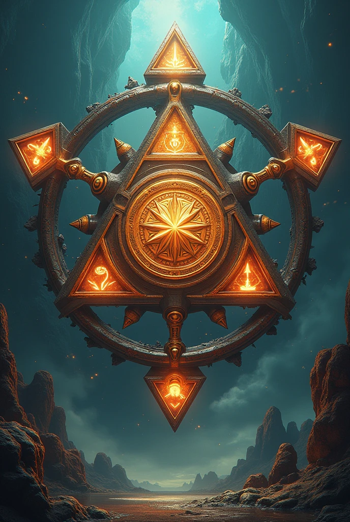 Create an image with the triforce as a base, the upper triangle being the symbol of igni from the witcher, the central Yu-Gi-Oh Millennium Puzzle, the one on the right is the goomba from super mario and on the left is the symbol of pokemon's magma team