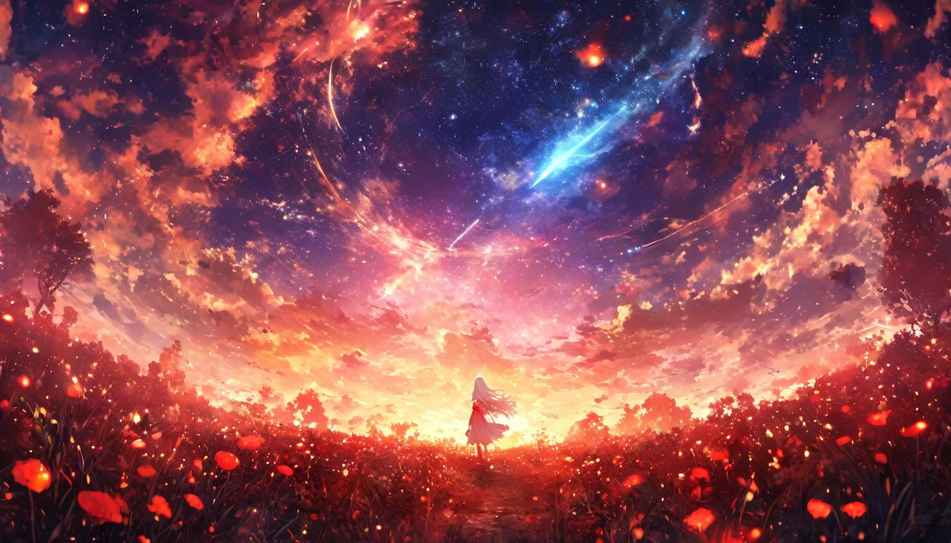masterpiece, Concept Art, Panorama, in the center, shape, Wide Shot, 1 girl, garden, night, (meteor), Space galaxy background, (Great composition, Epic scale), Dynamic Lighting, Bright colors, A girl with long, fragile white hair、red