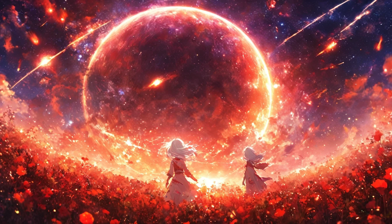 masterpiece, Concept Art, Panorama, in the center, shape, Wide Shot, 1 girl, garden, night, (meteor), Space galaxy background, (Great composition, Epic scale), Dynamic Lighting, Bright colors, A girl with long, fragile white hair、red