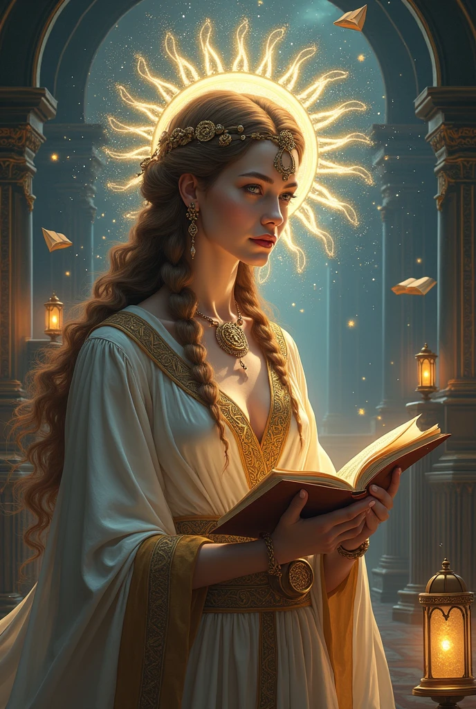 (Goddess of Knowledge:1.4), (masterpiece:1.4, best quality), ((photo realistic:1.4)), wise and serene expression, with an aura of intellectual depth and enlightenment, dressed in elegant robes that are adorned with symbols of wisdom such as ancient scripts, books, and arcane symbols, (hair styled with intricate braids and adorned with scholarly accessories:1.2), (((intelligent eyes that reflect a profound understanding of the universe:1.2))), holding an ancient tome or a scroll, surrounded by floating books, scrolls, and glowing symbols of knowledge, (background of a grand library or a celestial scene filled with constellations and mystical symbols:1.2), (soft, radiant light highlighting her and the objects of knowledge:1.2), (calm and contemplative pose that emphasizes her role as a keeper of wisdom:1.2), rich textures, warm and serene colors, (deep blues:1.4), (rich browns:1.2), (soft golds:1.2), (dynamic composition with flowing lines and a sense of intellectual movement:1.2), high-quality and detailed, (awe-inspiring and tranquil atmosphere:1.2), transcendent and enlightened, perfect image quality, symbolizing the pursuit of wisdom, understanding, and the enlightenment that comes with knowledge, captivating and serene presence