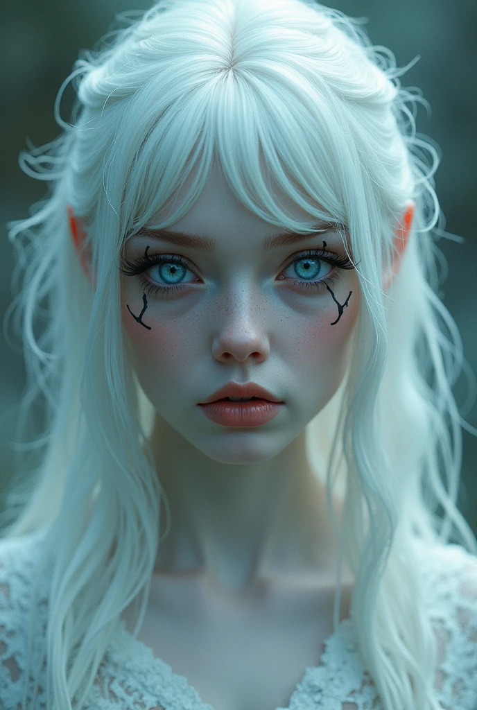 A blue-eyed female with white hair and white eyes, with two dark lines under her eyes throughout the character. 150 cm