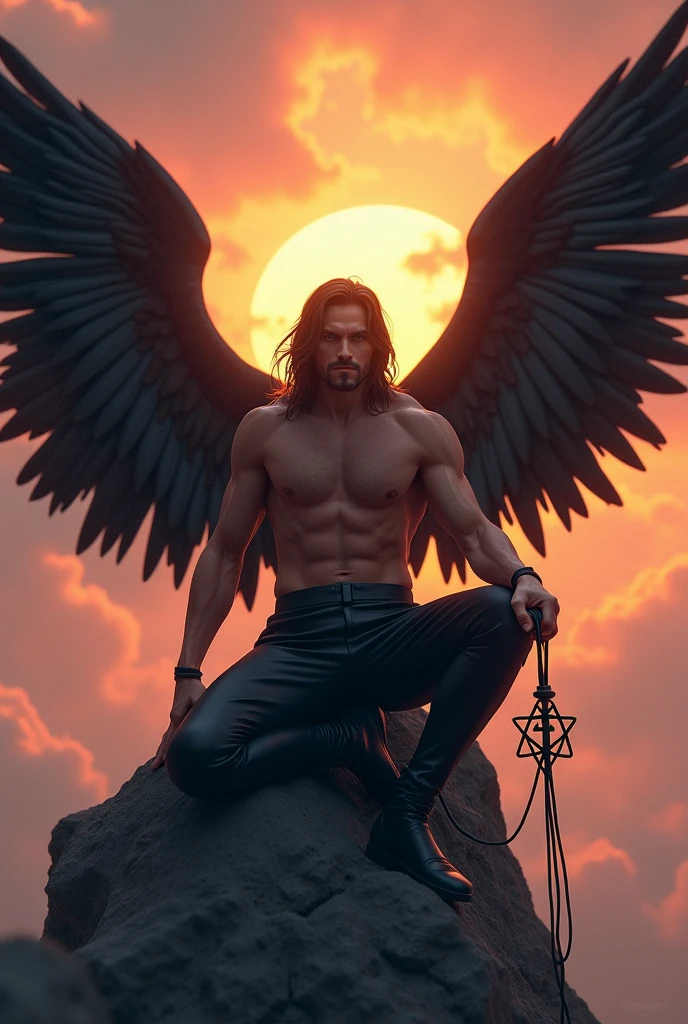 Strong white man with shoulder length black hair, eyes black, with black wings and 6-pointed star cord. Sitting on a rock with the sunrise rising on the horizon. He holds something in his hand