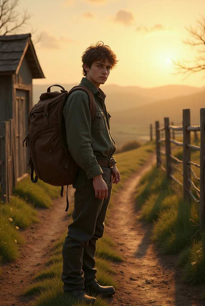 20 year old brown-haired boy leaving his farm to travel to London