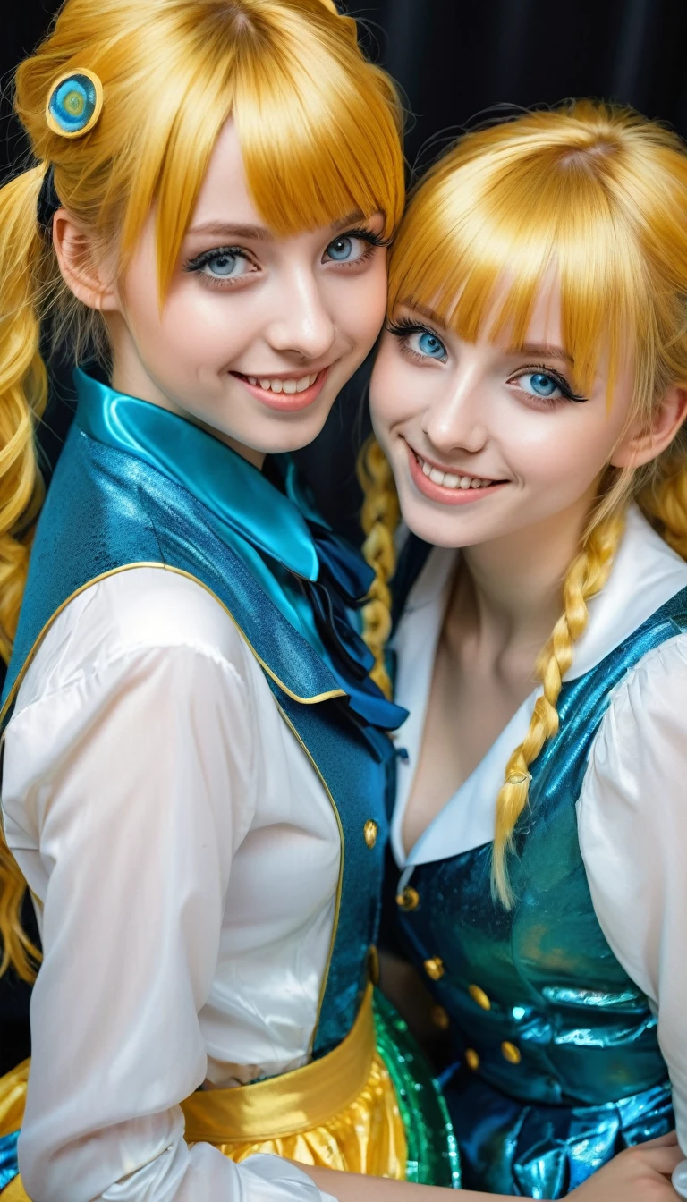 2 german teen-girls cosplaying manga girls, manga like eyes, van gogh style picture, shiny clothing, seductive smile, hands up waving