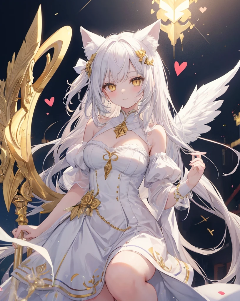  1catgirl, cat ears, (white long hair)) , oversaturated yellow eyes, intricate cool dress. Bare shoulders, white god dress with gold skirt. Portrait. Medium breast. Super detailed. Perfect anime yellow eyes, bare shoulders, white angel Wings. 
 Natural pose.  She's smiling , she's Smart . White fox tail. She's cupid, she's on top of a skyscraper with a bow to Hitting the lovers with an arrow.she is surrounded by gold hearts and red hearts. 