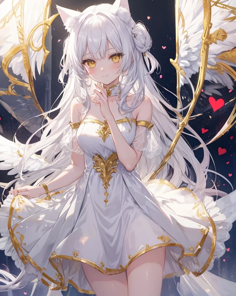  1catgirl, cat ears, (white long hair)) , oversaturated yellow eyes, intricate cool dress. Bare shoulders, white god dress with gold skirt. Portrait. Medium breast. Super detailed. Perfect anime yellow eyes, bare shoulders, white angel Wings. 
 Natural pose.  She's smiling , she's Smart . White fox tail. She's cupid, she's on top of a skyscraper with a bow to Hitting the lovers with an arrow.she is surrounded by gold hearts and red hearts. 
