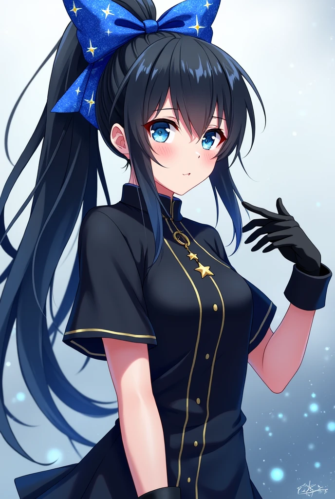 A female character in the style of the anime Demon Slayer who has long black hair loose with a ponytail on top with a blue bow with a yellow star. Her uniform is black and she wears a short-sleeved haori in the same shade of blue as the bow. She wears black gloves that expose her fingers and stylish boots. She also has a star necklace. Her eyes are light blue with stars.