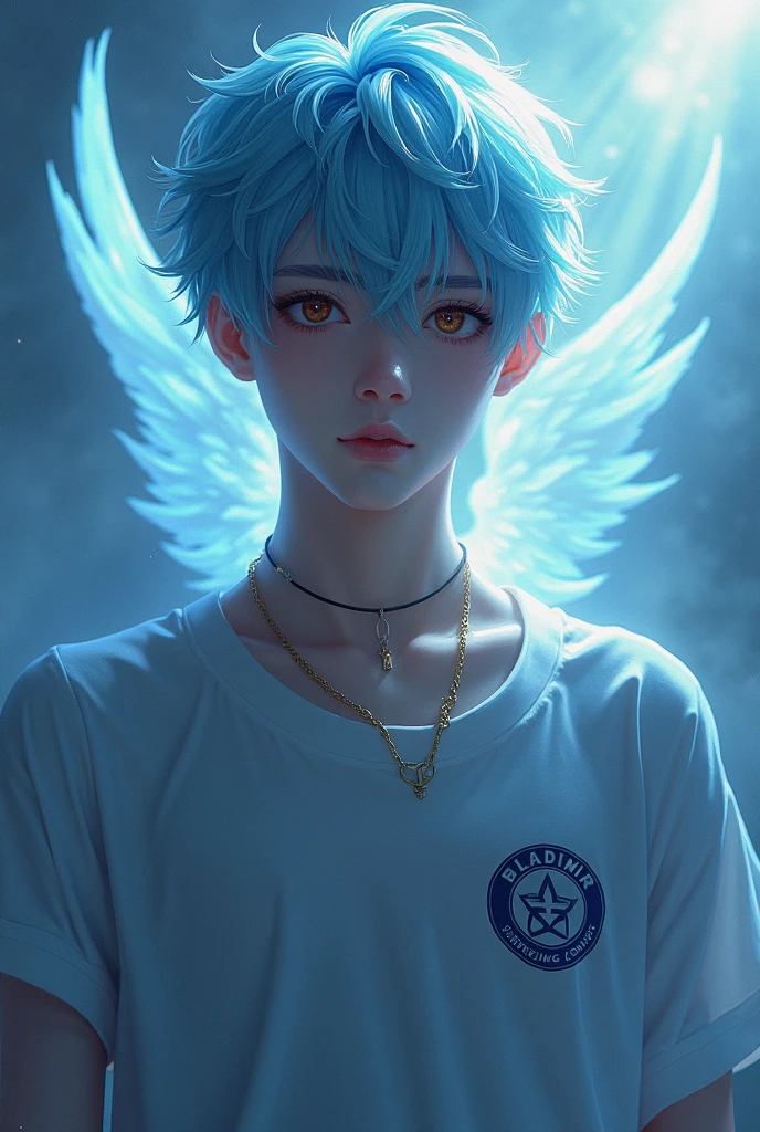 An attractive 19-year-old male character , first of all, gorgeous face, hair light blue, light brown eyes, BLADIMIR team shirt in shirt description, infernal angelic tread
