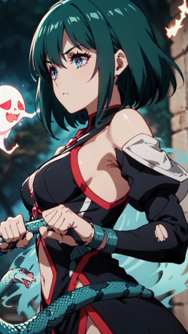 anime screenshot, 1 adult girl, dark sorceress witch, magic battle scene, powerful sorcery technique, anime tv, anime fantasy shonen, dark fantasy, magic ability, pink fire skeletons, cel shading - Adult female witch in attack stance, crawling ready to attack, chained in holy shackles, very short charcoal black hair covering her face as if very dark and light, a look of murderous madness and an athletic body, torn dark clothes with a long dirty torn dress, torn shoulder pads with snake details on the tip, snakes glowing in a ghostly light blue around her sprout from the character's back, snakes glowing in a ghostly light blue in the scene, snakes glowing in a ghostly light blue in the background