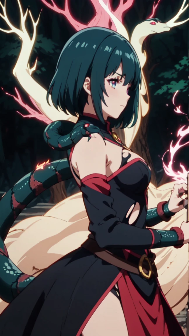 anime screenshot, 1 adult girl, dark sorceress witch, magic battle scene, powerful sorcery technique, anime tv, anime fantasy shonen, dark fantasy, magic ability, pink fire skeletons, cel shading - Adult female witch in attack stance, crawling ready to attack, chained in holy shackles, very short charcoal black hair covering her face as if very dark and light, a look of murderous madness and an athletic body, torn dark clothes with a long dirty torn dress, torn shoulder pads with snake details on the tip, snakes glowing in a ghostly light blue around her sprout from the character's back, snakes glowing in a ghostly light blue in the scene, snakes glowing in a ghostly light blue in the background