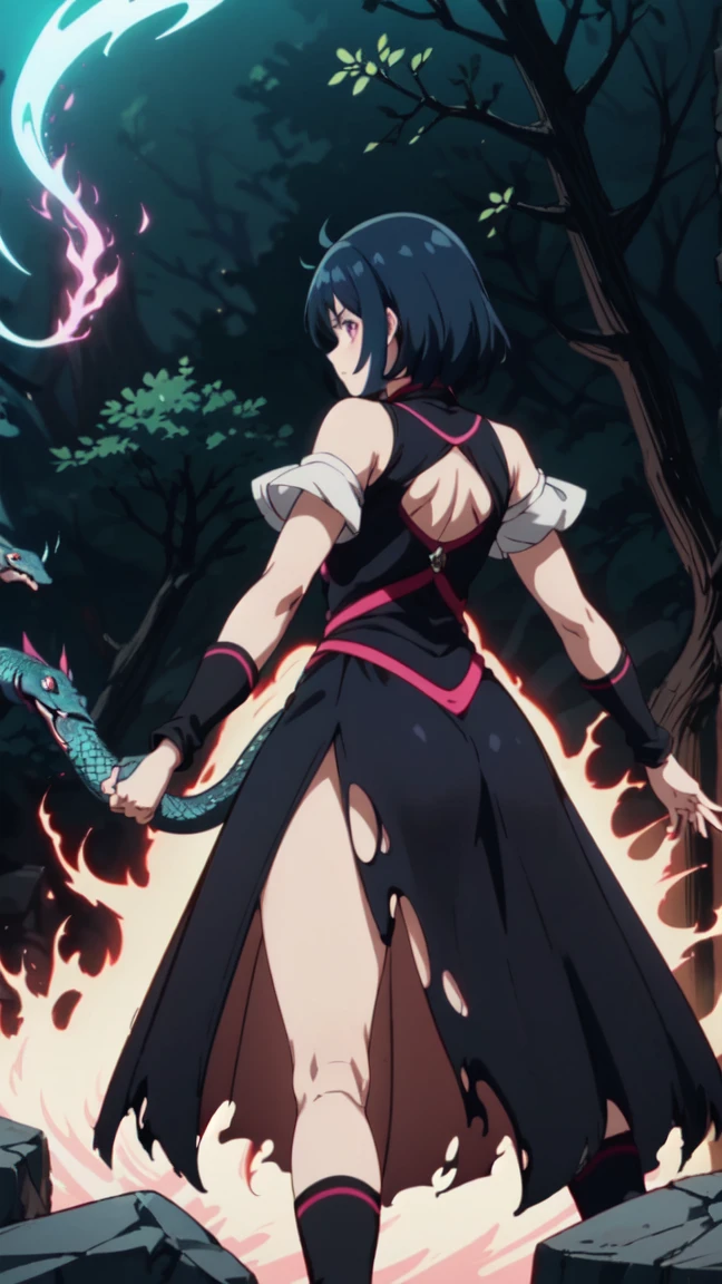 anime screenshot, 1 adult girl, dark sorceress witch, magic battle scene, powerful sorcery technique, anime tv, anime fantasy shonen, dark fantasy, magic ability, pink fire skeletons, cel shading - Adult female witch in attack stance, crawling ready to attack, chained in holy shackles, very short charcoal black hair covering her face as if very dark and light, a look of murderous madness and an athletic body, torn dark clothes with a long dirty torn dress, torn shoulder pads with snake details on the tip, snakes glowing in a ghostly light blue around her sprout from the character's back, snakes glowing in a ghostly light blue in the scene, snakes glowing in a ghostly light blue in the background