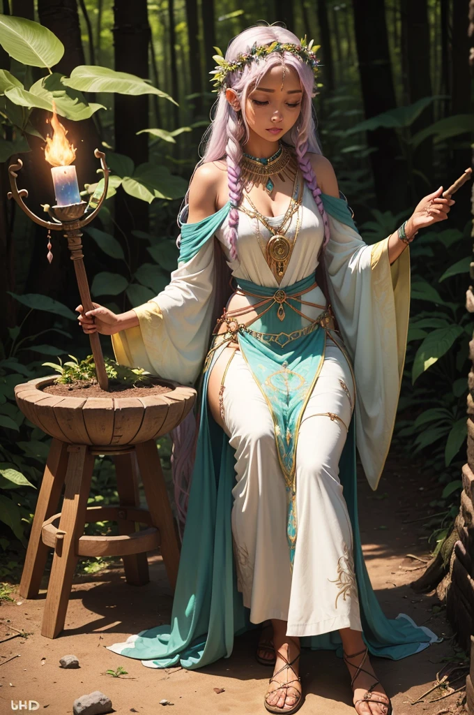 (((medium full shot))), (Masterpiece, photorealistic, photorealism, best quality, ultra-detailed:1.3), (nice hands, perfect hands), official art, cinematic light, (1girl:1.3), adult, elf princess, pointy ears, sitting on tree branch, river, gold jewelry, thigh strap, shiny skin, blush, beautiful face, blue eyes, purple hair, braided hair, tan lines, crossed legs, white sexy sheer dress, see through, pink fingernails, moonlight, waterfall, green leaves, floating leaves, water sparkles