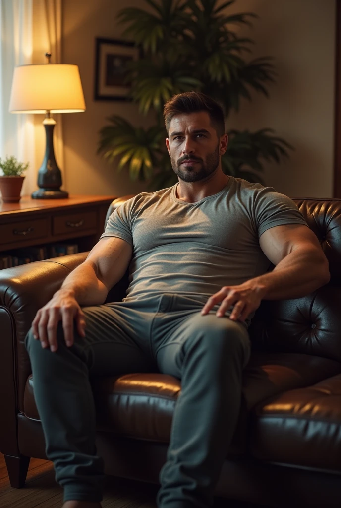 A muscular guy on a couch at home
