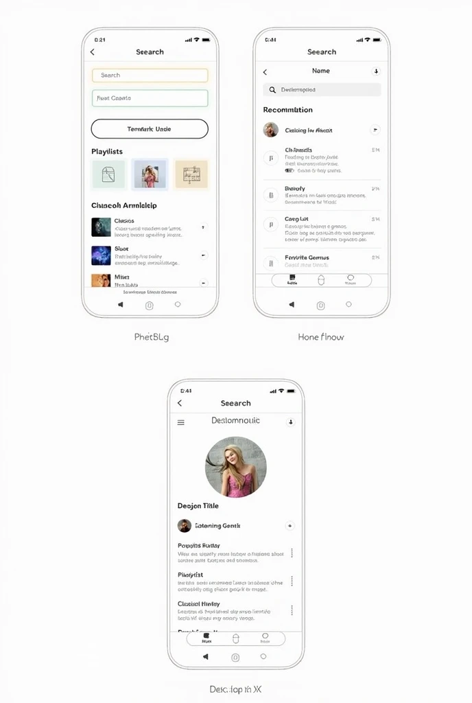 ### **Prototype Concept: Music App for Diverse Preferences**
**Description:** The app aims to blend modern music trends with classical elements to cater to a wide range of musical tastes.
#### **Drawing:**
1. **Home Screen Layout:**
- **Header:** App Name ("HarmoniMix")
- **Search Bar:** For finding specific genres or artists.
- **Main Sections:**
- **Trending:** Shows popular new tracks.
- **Classics:** Highlights timeless music.
- **Mixes:** Curated playlists combining both modern and classical music.
2. **Playlist Screen:**
- **Header:** Playlist Title
- **Track List:** Songs with play, pause, and skip buttons.
- **Recommendation Button:** Suggests similar songs.
3. **User Profile:**
- **Profile Picture**
- **Listening History**
- **Favorite Genres:** Options to customize what types of music are prioritized.
#### **Materials:**
- **App Development Software:** For creating the app interface.
- **Design Tools:** For designing icons and layout (e.g., Adobe XD, Sketch).
#### **Procedure:**
1. **Design the Layout:** Use wireframe tools to create the basic structure of the app screens.
2. **Develop the App:** Program the functionality and integrate music libraries.
3. **Test the App:** Ensure all features work as intended and gather user feedback.
#### **Design:**
- **Simple and Intuitive Interface:** Ensure easy navigation between music genres and playlists.
- **Modern Yet Classic Aesthetics:** Use a balanced design that reflects both contemporary and traditional elements.