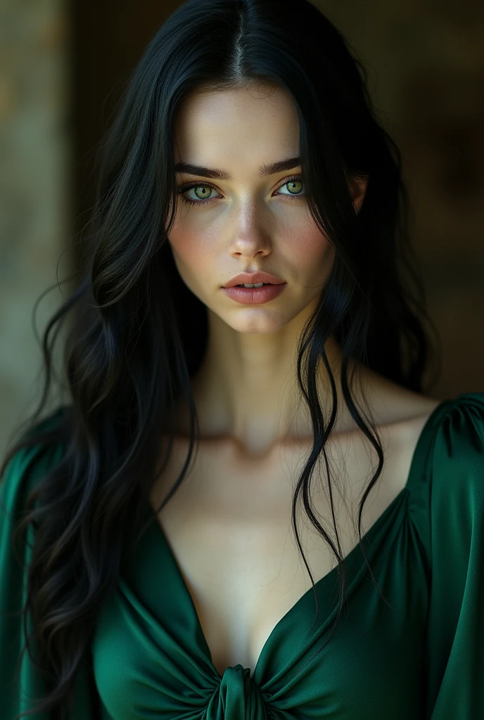 black haired girl, white skin and black eyes, Feminine features and dark green dress