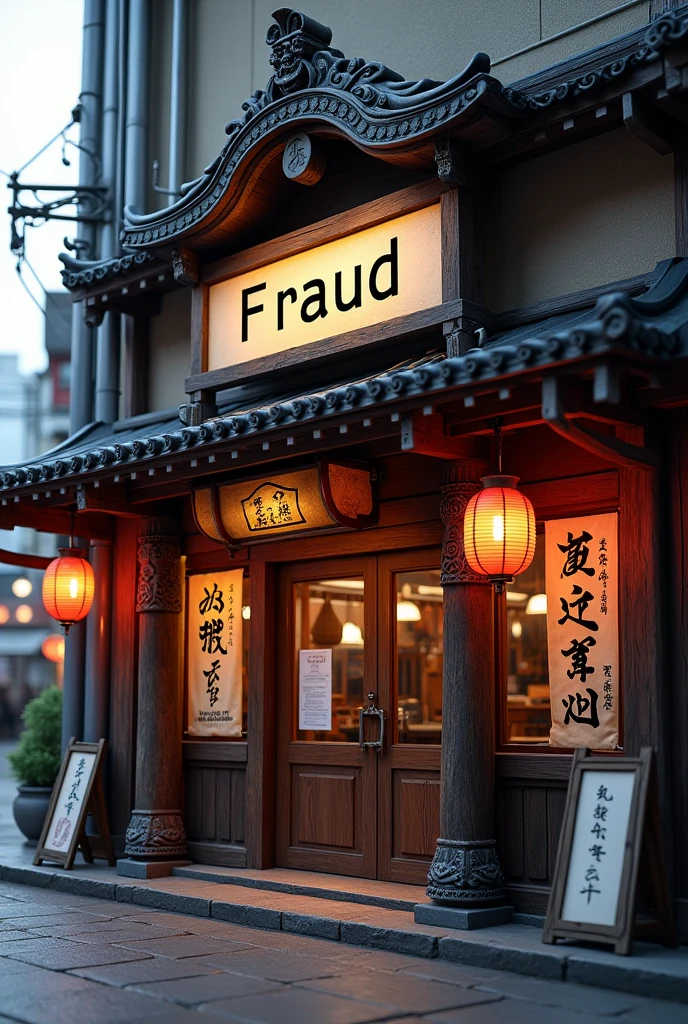 Create a Japanese restaurant facade with Fraud written on it