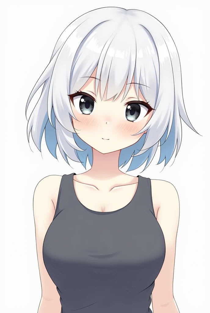 The character is female, Overall, they have white hair with some blue mixed in.,It's a webtoon character.,busty,black eyes,They are short, A little more mature,short hair,Wear clothes that reveal your shoulders