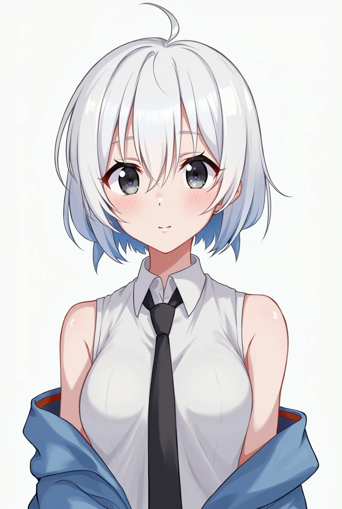 The character is female, Overall, they have white hair with some blue mixed in.,It's a webtoon character.,busty,black eyes,They are short, A little more mature,short hair,Wear clothes that reveal your shoulders