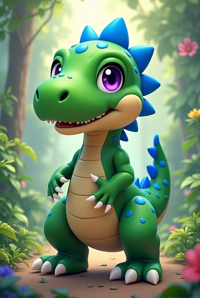 Cute kawaii apple green female NINJA dinosaur with cyan blue crests and spots purple eyes WITH BIG legs like yoshii