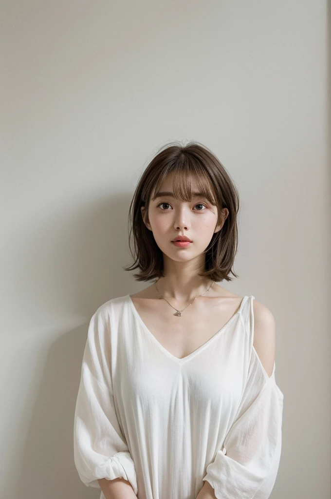 Close-up of a brown-haired woman in a white shirt, Layered Cut、Above the chest - long hair, Medium length hair, Curtain bang, Medium Hair, with short hair, Princess Cut, Shoulder-length hair, White princess cut hairstyle, Korean symmetrical face, short~Medium Hair, Shoulder - Length, Neat hairstyle with bangs、White wall、In front of the white door、((A room with a white wall and a window))、Mr..々tracing、Simple Necklace、Don'Don'Don't look at the camera