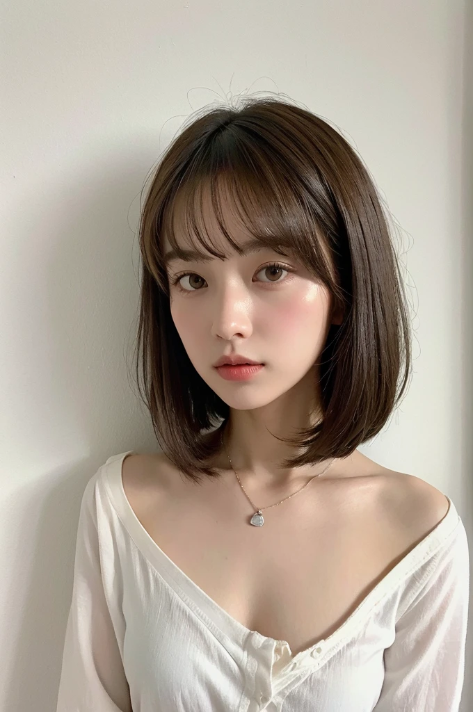 Close-up of a brown-haired woman in a white shirt, Layered Cut、Above the chest - long hair, Medium length hair, Curtain bang, Medium Hair, with short hair, Princess Cut, Shoulder-length hair, White princess cut hairstyle, Korean symmetrical face, short~Medium Hair, Shoulder - Length, Neat hairstyle with bangs、White wall、In front of the white door、((A room with a white wall and a window))、Mr..々tracing、Simple Necklace、Don'Don'Don't look at the camera