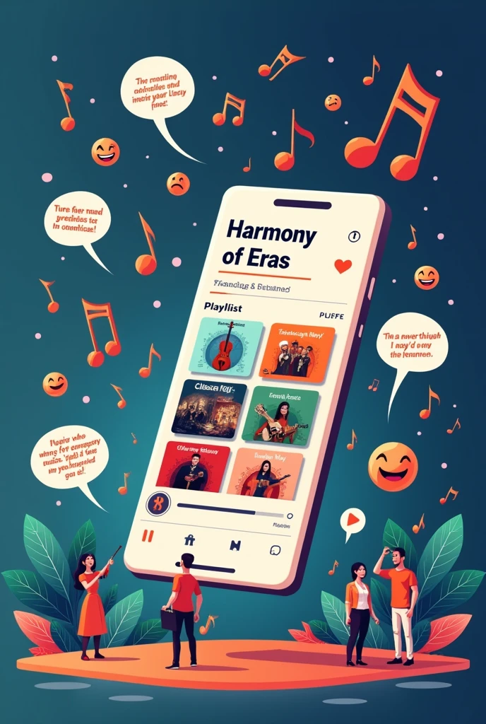 Main Focus:
Central Element: A smartphone or tablet screen displaying a music app. The app interface shows a playlist that blends both classical and modern music genres, symbolizing the idea of uniting traditional and contemporary music.
Playlist Representation:
Top Section: Album covers or icons representing different genres (e.g., a violin for classical music, an electric guitar for rock, etc.).
Middle Section: A playlist titled "Harmony of Eras" with songs listed from both old and new genres.
Bottom Section: Playback controls and a "Discover More" button that suggests similar songs, blending old and new music styles.
Background Elements:
Musical Notes: Floating around the screen to symbolize the idea of music being all-encompassing and evolving.
People's Reactions: Small figures or icons representing people listening and enjoying the music, with little icons like heart emojis or smiley faces indicating their positive reactions.
Additional Elements:
Speech Bubbles: Coming from the figures, with comments like "This mix is amazing!" or "I never thought I'd enjoy this genre!" to show positive feedback.
Title: At the top of the drawing, include the title "Harmony of Eras: Blending Old and New Music."