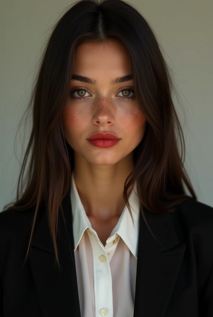 young woman, skin tanned, dark shaped eyes, marked dashes, freckles, very straight dark brown hair, red lipgloss stick, wearing a formal blouse and a black suit