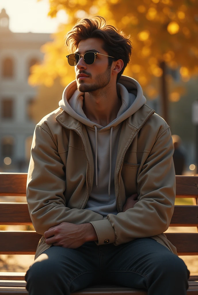 (photorealism:1.2), handsome college anime man, with sun glasses sitting on school bench, wearing hoodie, warm lighting,  relaxed pose, realistic, intricate details by Greg Rutkowski, by Alphonse Mucha