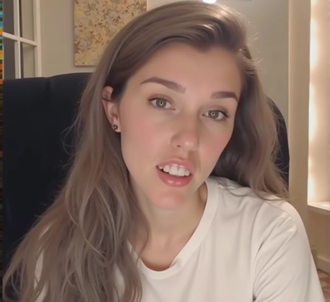 a detailed sexy evil woman with a thin nose, long hair, raised eyebrows, perfect teeth, wearing a white t-shirt, showing off her beautiful teeth, cinematic lighting, hyperrealistic, 8k, highly detailed, photorealistic, masterpiece