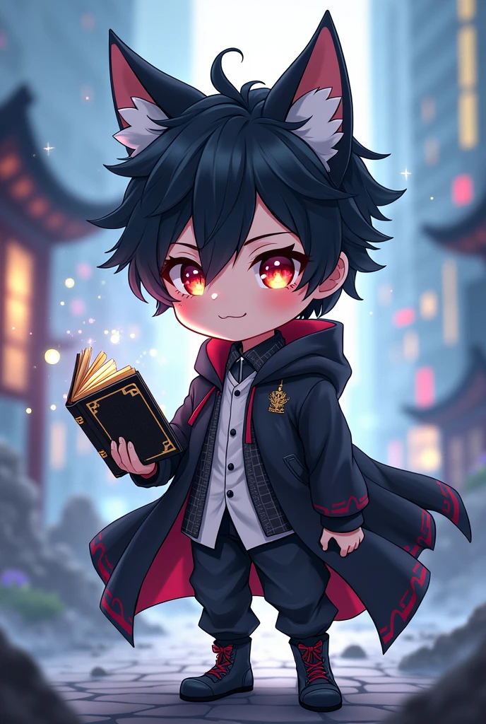 Anime figure of a boy with cat ears, Kapuzenpulli, Anime moe art style, demon slayer rui fanart, chibi!!! Kitten, Chibi Anime Boy, black-haired wizard with white streaks and black open magic book with decorations in one hand, Anime-Chibi, anime Kitten, Mihoyo art style, advanced digital chibi art, chibi art, black and white clothes, Several magical circles in different colors fly around the boy, background destroyed city