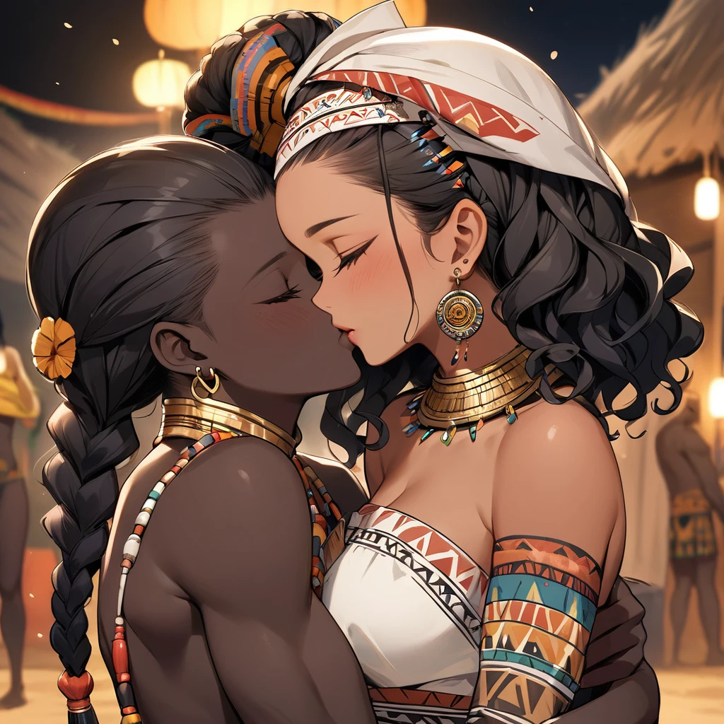 ((Highest quality)), ((masterpiece)), (detailed), (Perfect Face)、The woman is wearing the tribe's bridal attire, embracing the tribal man tightly, sharing a deep kiss, expressing their love for each other, and celebrating their wedding.、The woman has bright black skin、(Ghana braids with strong curly hair slicked back)、Black, dark skinned, African native tribal woman、The amount of hair is small、Black Hair、Very short curly hair、Ghana braid hair, finely and delicately braided into Ghana braids and slicked back、Her hair is braided and thin, and she wears a tribal headdress and a tribal headscarf.、African black woman beautifully dressed in tribal clothing, tribal earrings and tribal accessories, wearing tribal makeup、A beautiful tribal woman with tattoos all over her body、Women in tribal village night rituals、The woman's hair is dyed black by the other women in the village and styled like an African woman's.