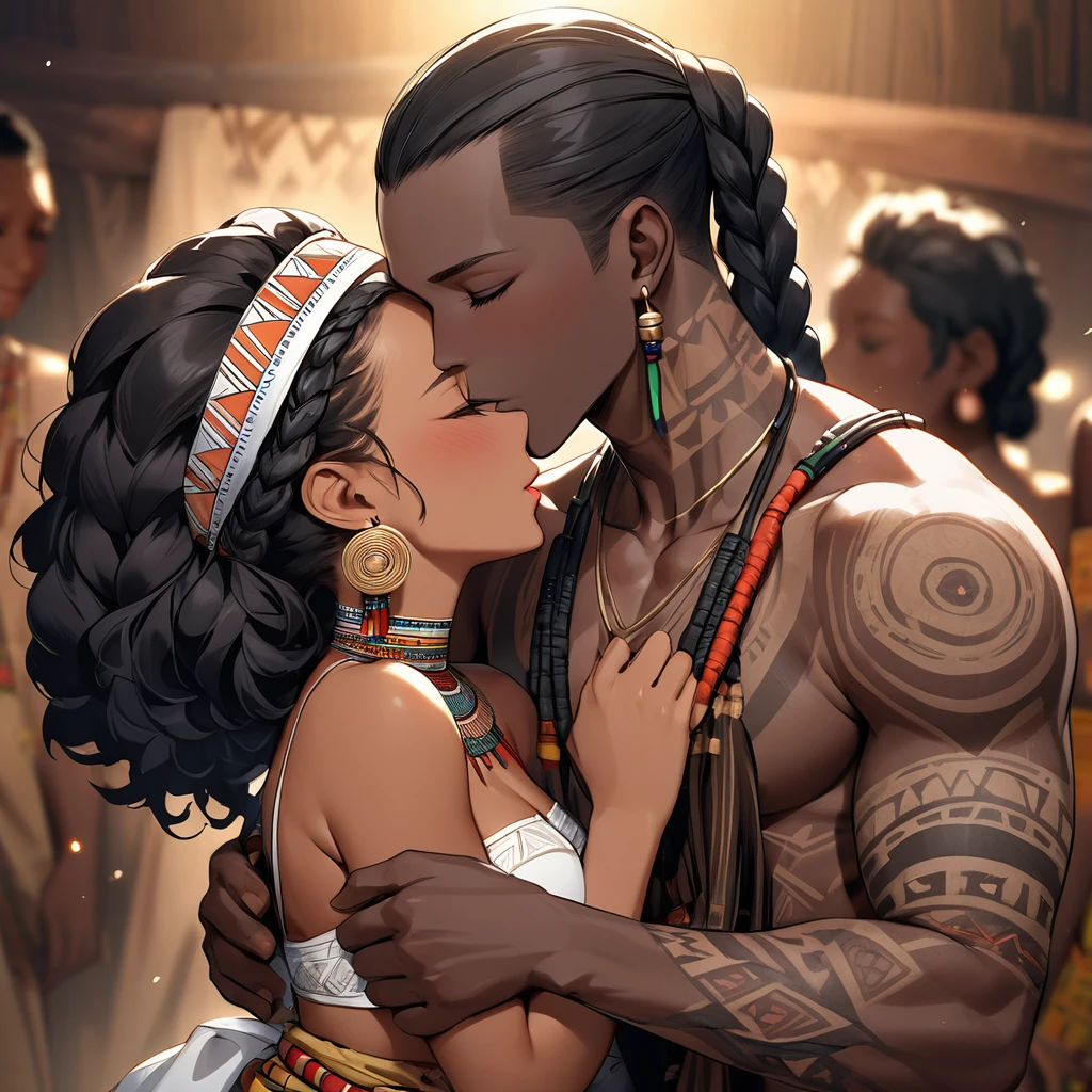 ((Highest quality)), ((masterpiece)), (detailed), （Perfect Face）、The woman is wearing the tribe's bridal attire, embracing the tribal man tightly, sharing a deep kiss, expressing their love for each other, and celebrating their wedding.、The woman has bright black skin、（Ghana braids with strong curly hair slicked back）、Black, dark skinned, African native tribal woman、The amount of hair is small、Black Hair、Very short curly hair、Ghana braid hair, finely and delicately braided into Ghana braids and slicked back、Her hair is braided and thin, and she wears a tribal headdress and a tribal headscarf.、African black woman beautifully dressed in tribal clothing, tribal earrings and tribal accessories, wearing tribal makeup、A beautiful tribal woman with tattoos all over her body、Women in tribal village night rituals、The woman&#39;s hair is dyed black by the other women in the village and styled like an African woman&#39;s.