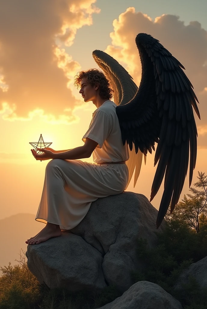 Strong white man with shoulder length light brown curly hair, eyes black, with black wings and 6-pointed star cord. Sitting on a rock with the sunrise rising on the horizon. He holds something in his hand 