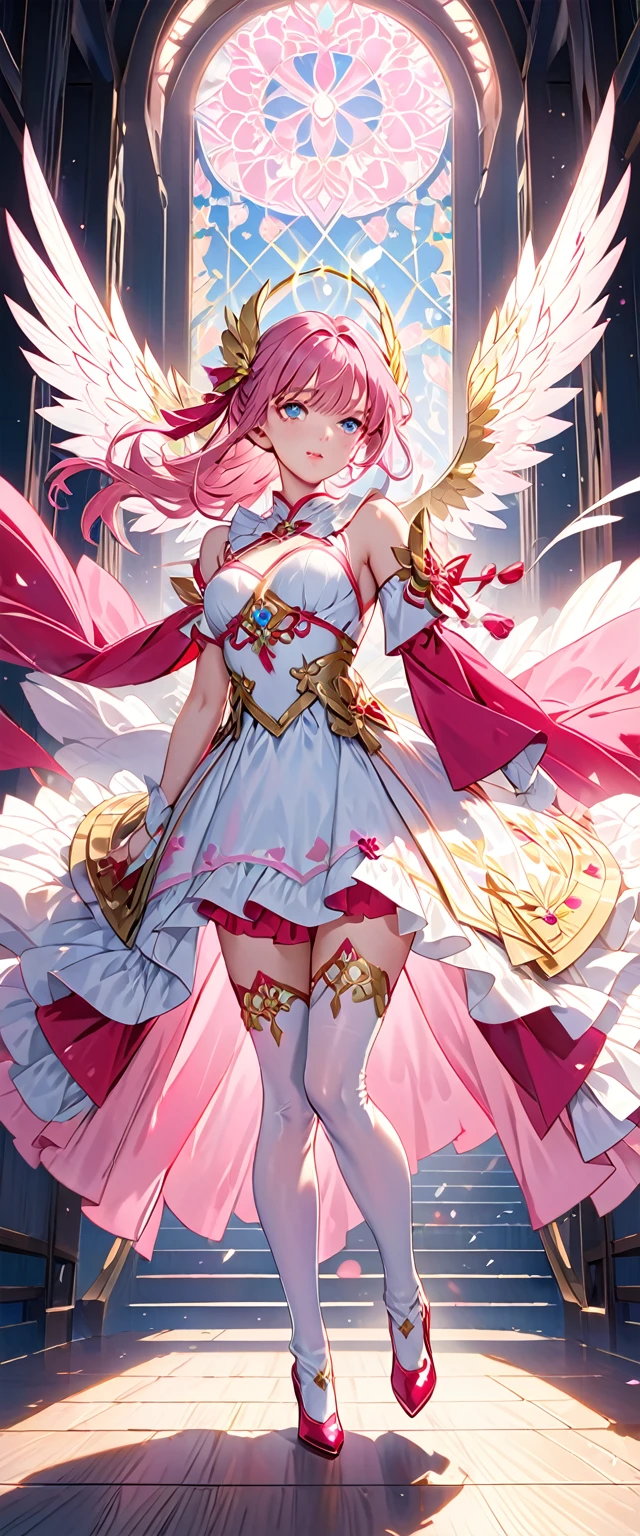 (Perfect Anatomy)、Mastepiece、Ultra High Quality、 8k、masterpiece、Highest quality、Ultra-high resolution、Maximum resolution、Very detailed、Professional Lighting、anime、woman、thin、so beautiful、Highly detailed eye、Highly detailed face、Golden earrings、Pink Hair,、Pink eyes、Detailed costume patterns、Mid-chest、Blue jewel on chest, makeup, eyeliner, eye shadow, pink cheek, pink lips, upper arm pink armor, white leotard, pink pattern, full body, magical girl, Angel Girl, Are standing, pink thigh high stockings, white super long boots, pink gauntlet, high heels, blunt bangs, Hime cut, bridal hair accessory, paladin robe, 