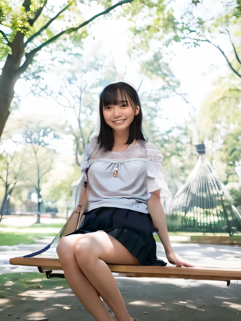 masterpiece,Highest quality(8k),Highest quality,masterpiece:1.2)、(Real、Photorealistic:1.37),Super detailed,A woman sitting on a swing in a park, looking at the camera,Wearing a short-sleeved top,Black pleated skirt,barefoot,barefoot,Posing for a photo,Distant scenery is blurry,Illuminated by sunlight