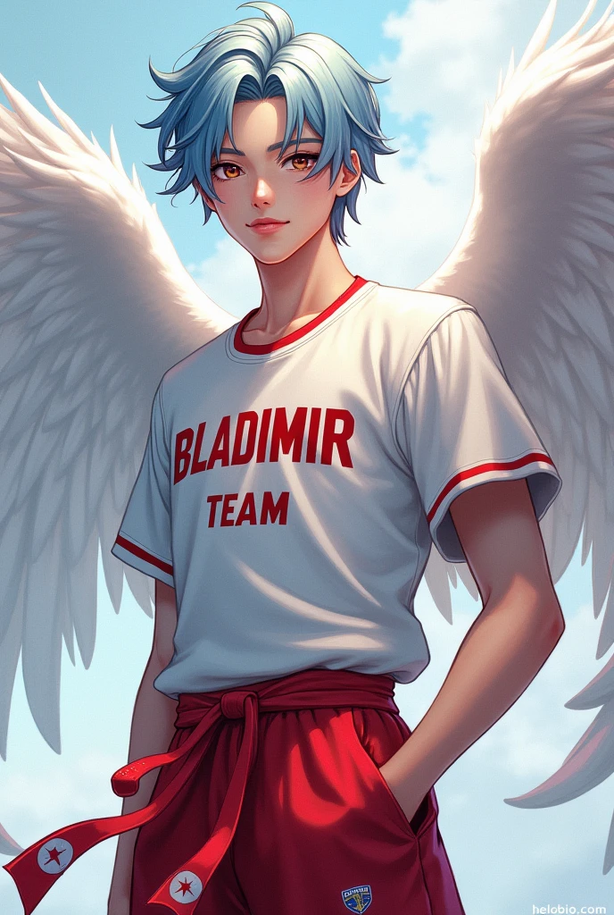 An attractive 19-year-old male character , first of all, gorgeous face, hair light blue, light brown eyes, BLADIMIR team shirt in shirt description, red and white angelic pants