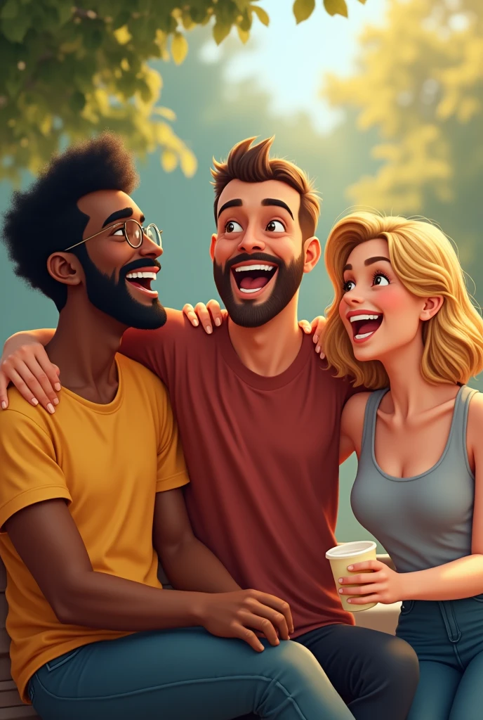 Un groupe de trois amis composé d'un homme d'origine Sri lankais, un homme français et une femme française qui rigolent ensemble.
L'homme d'origine Sri Lankais à des cheveux courts noirs, une moustache et une barbe, il a une peau foncé. L'homme français a des cheveux très très courts de couleur châtain clair et a un peu de poids en trop. La femme française a les cheveux de couleurs blonds et a un nez en trompette.