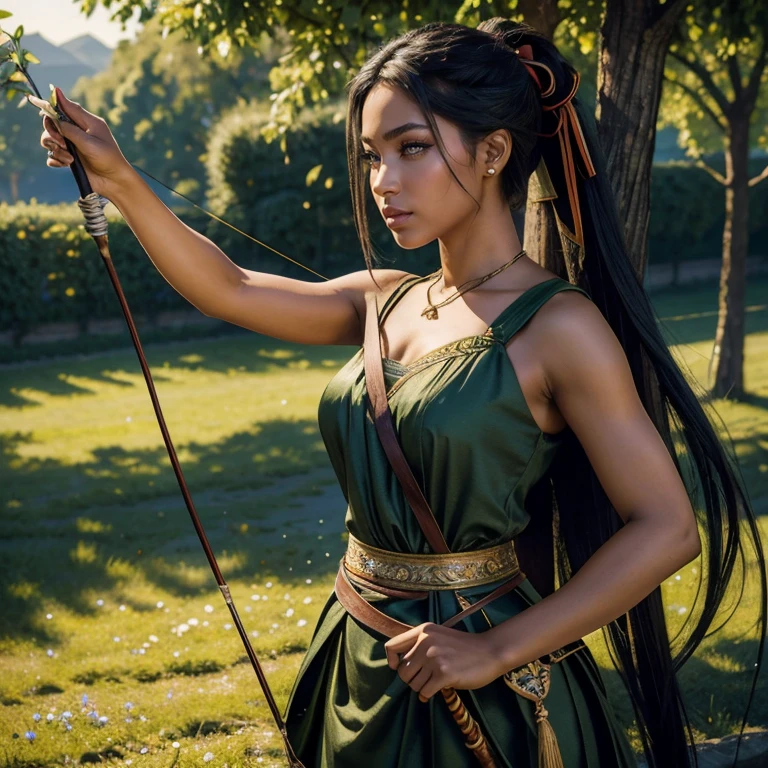 (masterpiece, best quality:1.5), highest quality, High resolution, super detailed, Realists, Upper body photo of a black archer, black skin, detailed and beautiful eyes, beautiful detailed lips, very detailed eyes and face, longeyelashes, Archer in dress, Elegant details in the fabric. Beautiful and colorful makeup, ponytail hairstyle, Gardens as background, bright daylight, bright colors, fine brushstrokes, Portrait style, beautiful color palette, glowing skin, First-class rendering, that captures every detail, enchanting atmosphere, (perfect anatomy:1.2), (The stunning archer holds a bow. (magnificent panorama view:1.2)