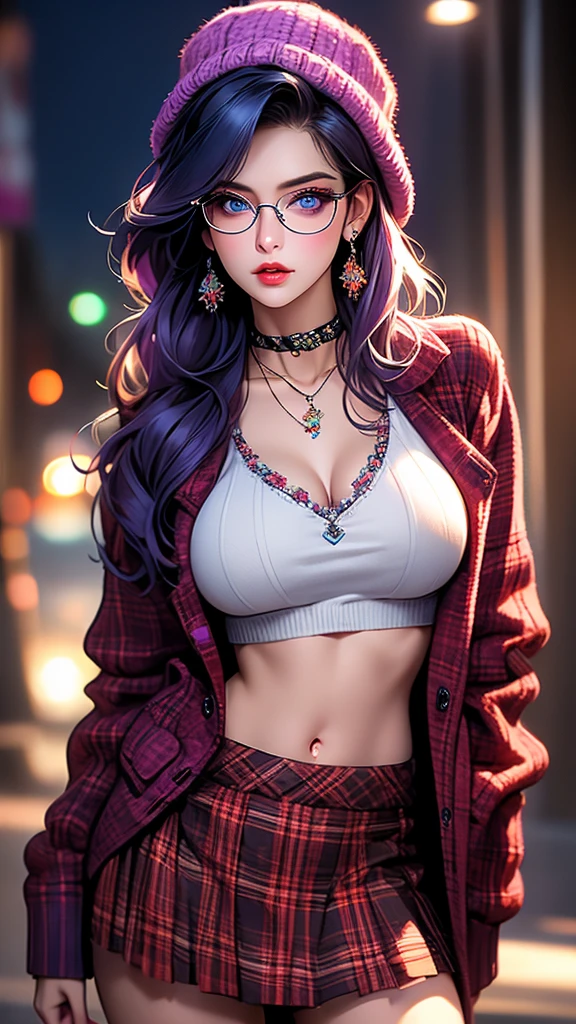 a girl in a plaid outfit, beautiful detailed eyes, beautiful detailed lips, extremely detailed eyes and face, long eyelashes, plaid headwear, plaid skirt, checkered skirt, plaid dress, plaid shirt, plaid pants, plaid legwear, plaid hat, plaid bikini, standing split, checkered, argyle, purple legwear, split, breasts, plaid jacket, plaid panties, standing on one leg, plaid scarf, thighhighs, piercing, unmoving pattern, plaid vest, idol, nipples, solo, checkered legwear, pussy, argyle legwear, plaid necktie, plaid bow, leg up, leg lift, plaid background, navel, glasses, nude, checkered shirt, plaid bra, nipple piercing, plaid ribbon, official alternate costume, large breasts, choker, checkered scarf, purple hair, standing,(best quality,4k,8k,highres,masterpiece:1.2),ultra-detailed,(realistic,photorealistic,photo-realistic:1.37),HDR,UHD,studio lighting,ultra-fine painting,sharp focus,physically-based rendering,extreme detail description,professional,vivid colors,bokeh,portraits