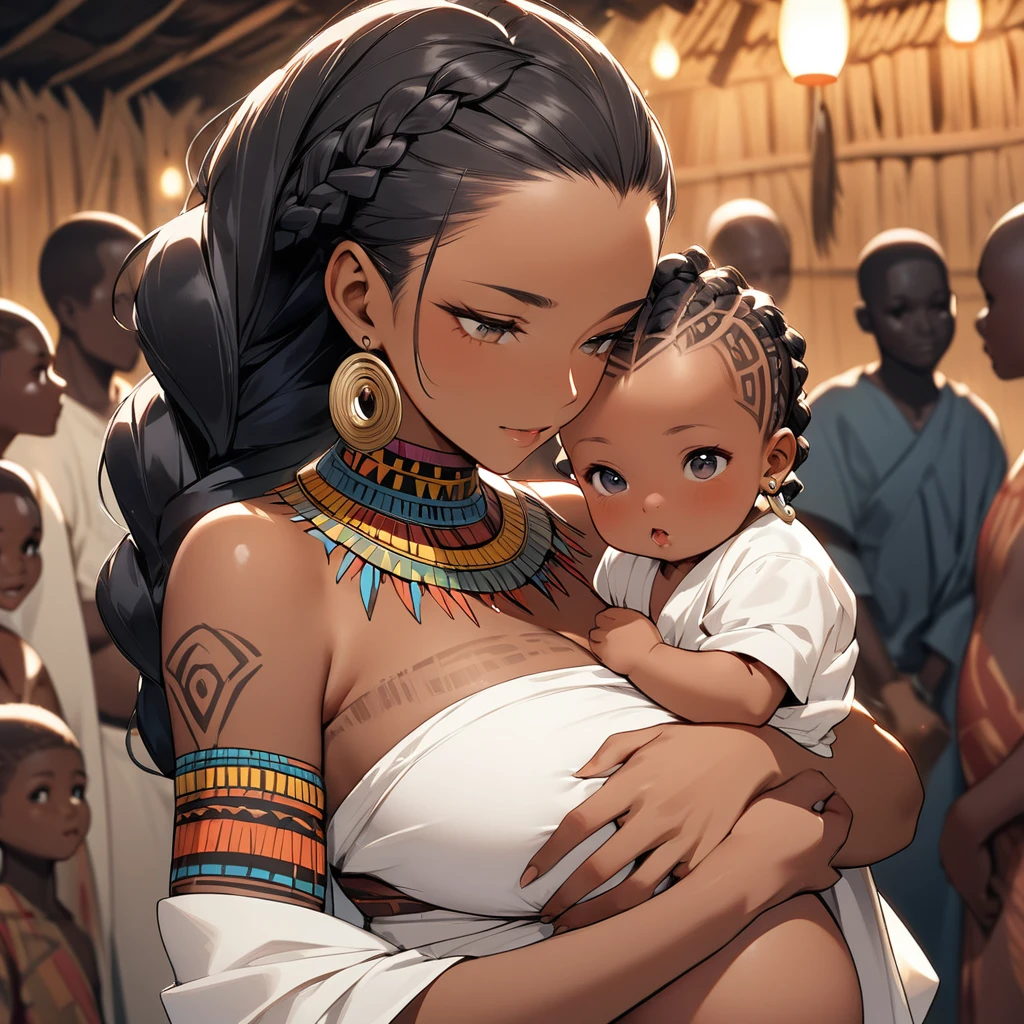 ((Highest quality)), ((masterpiece)), (detailed), （Perfect Face）、The woman has dark skin, is pregnant, and is holding a baby.、（Ghana braids with strong curly hair slicked back）、Black, dark skinned, African native tribal woman、The amount of hair is small、Black Hair、Very short curly hair、Ghana braid hair, finely and delicately braided into Ghana braids and slicked back、A black African woman with braided hair, low volume, tribal earrings and tribal accessories, beautifully dressed and wearing tribal makeup、A beautiful tribal woman with tattoos all over her body、Women in tribal village night rituals、The woman&#39;s hair is dyed black by the other women in the village and styled like an African woman&#39;s.