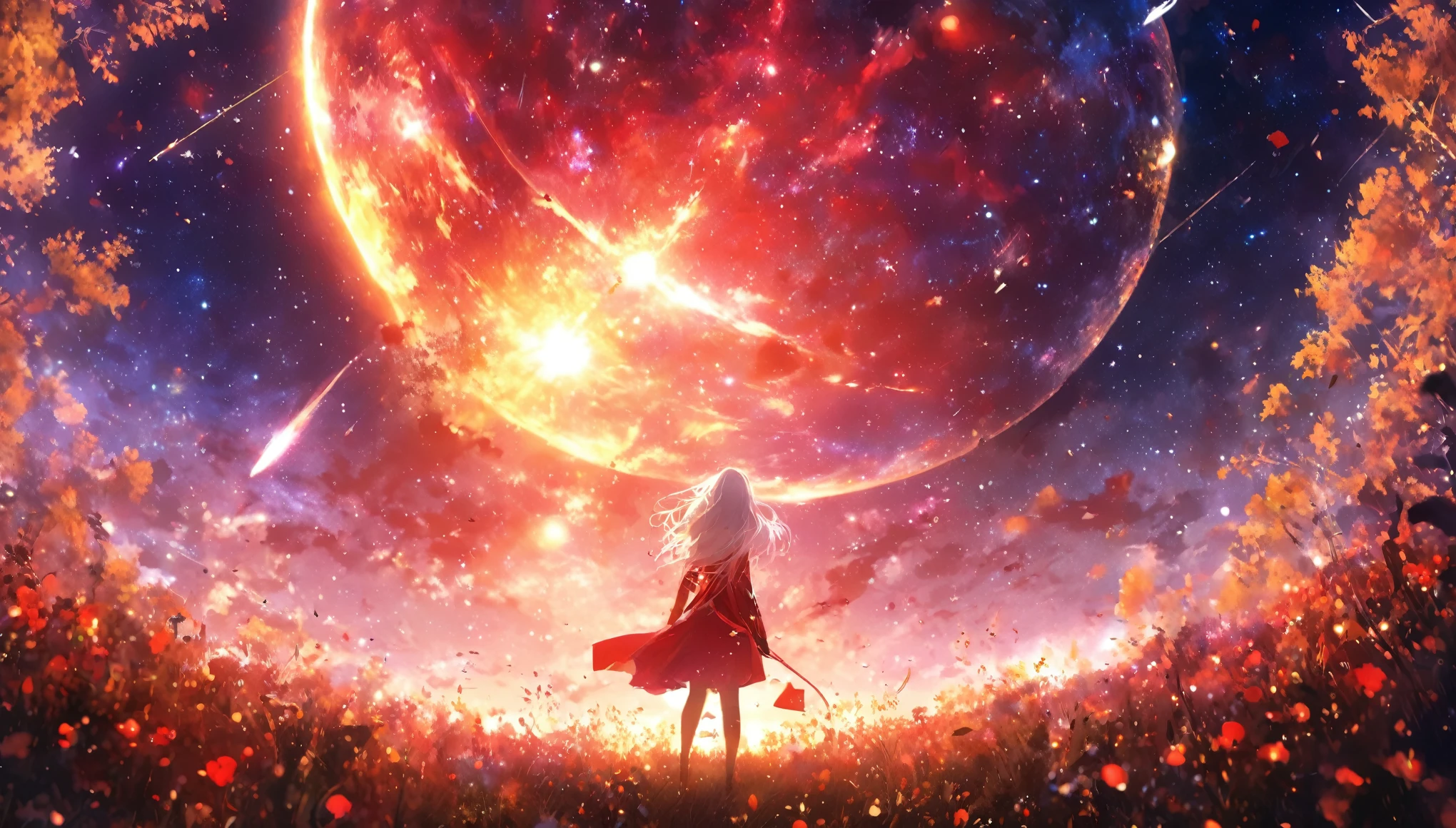 masterpiece, Concept Art, Panorama, in the center, shape, Wide Shot, 1 girl, garden, night, (meteor), Space galaxy background, (Great composition, Epic scale), Dynamic Lighting, Bright colors, A girl with long, fragile white hair、red