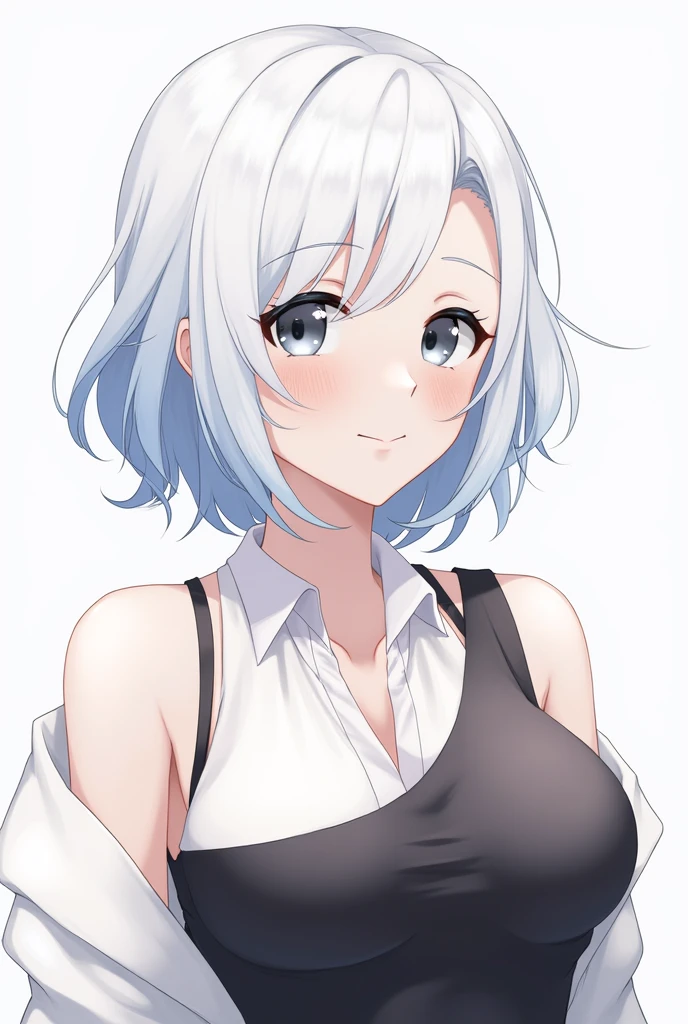 The character is female, Overall, they have white hair with some blue mixed in.,busty,black eyes,They are short, A little more mature,short hair,Wear clothes that reveal your shoulders,Fantasy Webtoon