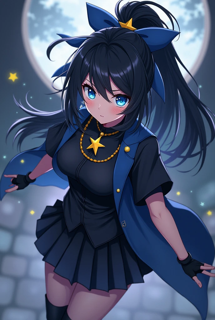 A female character in the style of the anime Demon Slayer who has long black hair loose with a ponytail on top with a blue bow with a yellow star. Her uniform is black and she wears a short-sleeved haori in the same shade of blue as the bow. She wears black gloves that expose her fingers and stylish boots. She also has a star necklace. Her eyes are light blue with stars. 