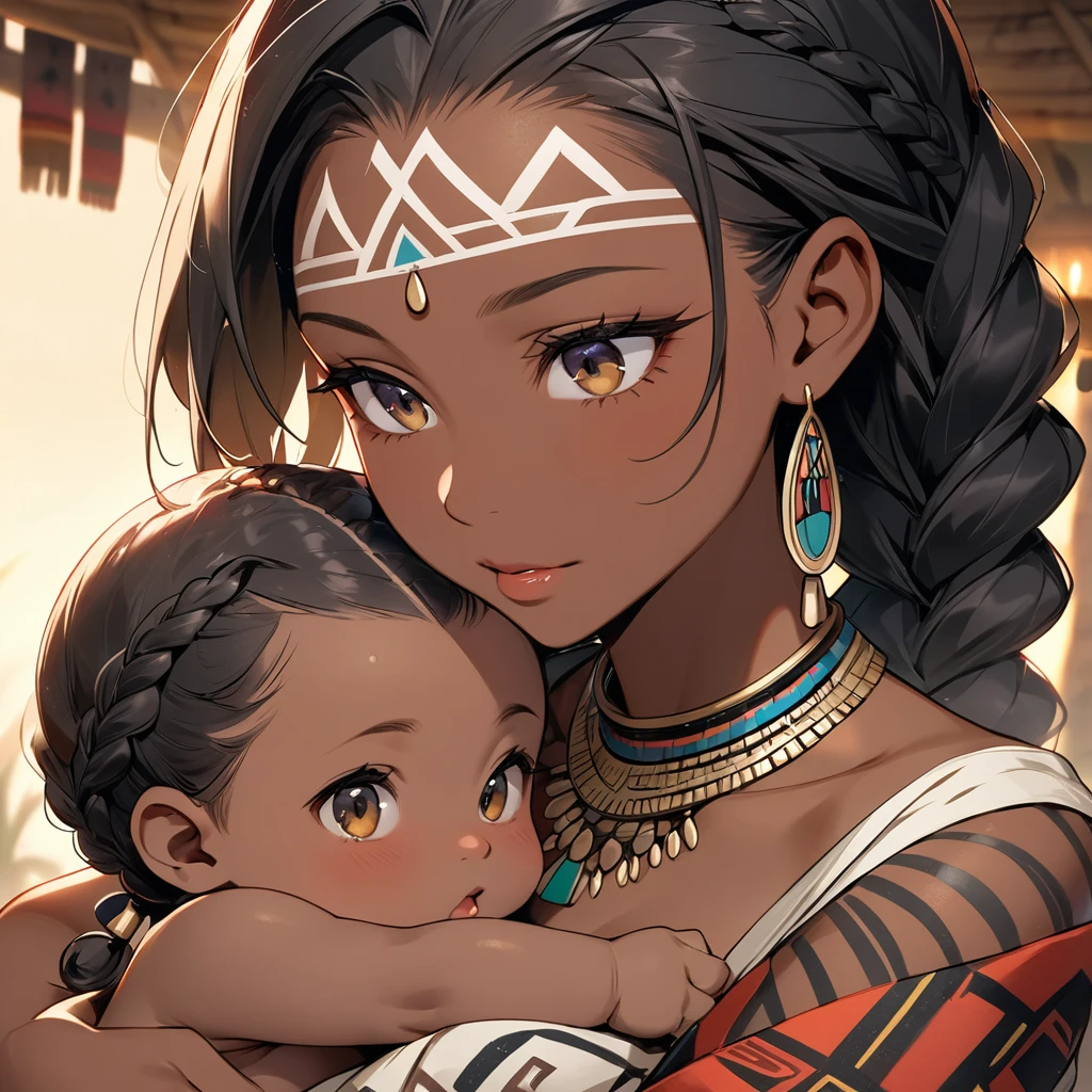 ((Highest quality)), ((masterpiece)), (detailed), （Perfect Face）、The woman has dark skin and is holding a baby.、（Ghana braids with strong curly hair slicked back）、Black, dark skinned, African native tribal woman、The amount of hair is small、Black Hair、Very short curly hair、Ghana braid hair, finely and delicately braided into Ghana braids and slicked back、A black African woman with braided hair, low volume, tribal earrings and tribal accessories, beautifully dressed and wearing tribal makeup、A beautiful tribal woman with tattoos all over her body、Women in tribal village night rituals、The woman&#39;s hair is dyed black by the other women in the village and styled like an African woman&#39;s.