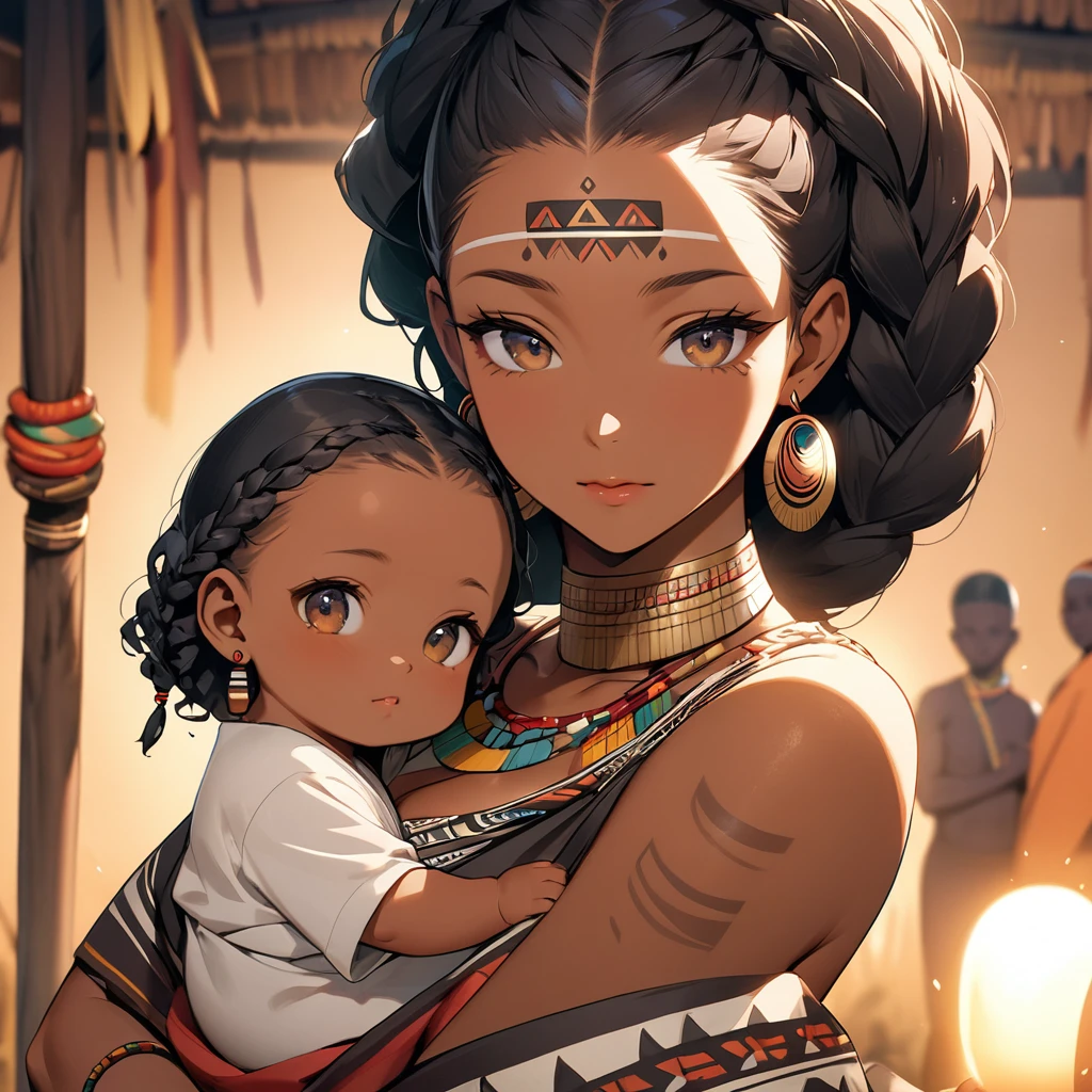 ((Highest quality)), ((masterpiece)), (detailed), (Perfect Face)、The woman has dark skin and is holding a baby.、(Ghana braids with strong curly hair slicked back)、Black, dark skinned, African native tribal woman、The amount of hair is small、Black Hair、Very short curly hair、Ghana braid hair, finely and delicately braided into Ghana braids and slicked back、A black African woman with braided hair, low volume, tribal earrings and tribal accessories, beautifully dressed and wearing tribal makeup、A beautiful tribal woman with tattoos all over her body、Women in tribal village night rituals、The woman's hair is dyed black by the other women in the village and styled like an African woman's.