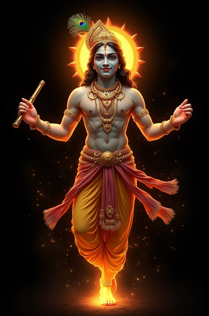 Krishna with his hand holding a flute and in another hand Sudarshan chakra. A peacock feather is in hands. The entire things is in black background. Only the outline of the body is seen which is radiating flame. The entire picture shows divinity. He has a smile that confronts others