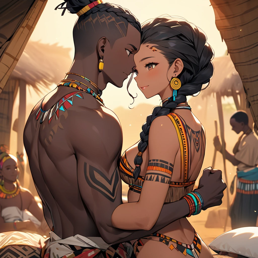 ((Highest quality)), ((masterpiece)), (detailed), (Perfect Face)、The woman, with her vibrant dark skin, is happily nestled next to her husband, a man from the tribe.、(Ghana braids with strong curly hair slicked back)、Black, dark skinned, African native tribal woman、The amount of hair is small、Black Hair、Very short curly hair、Ghana braid hair, finely and delicately braided into Ghana braids and slicked back、A black African woman with braided hair, low volume, tribal earrings and tribal accessories, beautifully dressed and wearing tribal makeup、A beautiful tribal woman with tattoos all over her body、Women in tribal village night rituals、The woman's hair is dyed black by the other women in the village and styled like an African woman's.