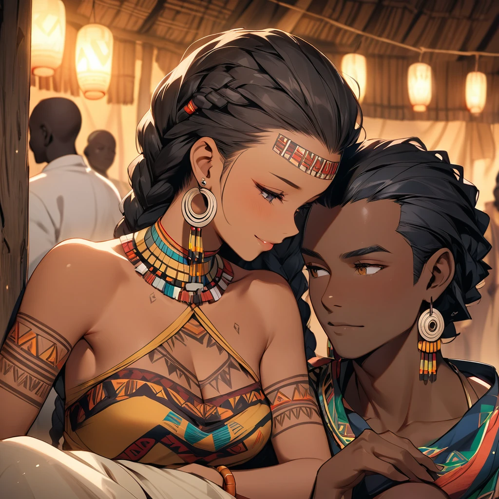 ((Highest quality)), ((masterpiece)), (detailed), (Perfect Face)、The woman, with her vibrant dark skin, is happily nestled next to her husband, a man from the tribe.、(Ghana braids with strong curly hair slicked back)、Black, dark skinned, African native tribal woman、The amount of hair is small、Black Hair、Very short curly hair、Ghana braid hair, finely and delicately braided into Ghana braids and slicked back、A black African woman with braided hair, low volume, tribal earrings and tribal accessories, beautifully dressed and wearing tribal makeup、A beautiful tribal woman with tattoos all over her body、Women in tribal village night rituals、The woman's hair is dyed black by the other women in the village and styled like an African woman's.
